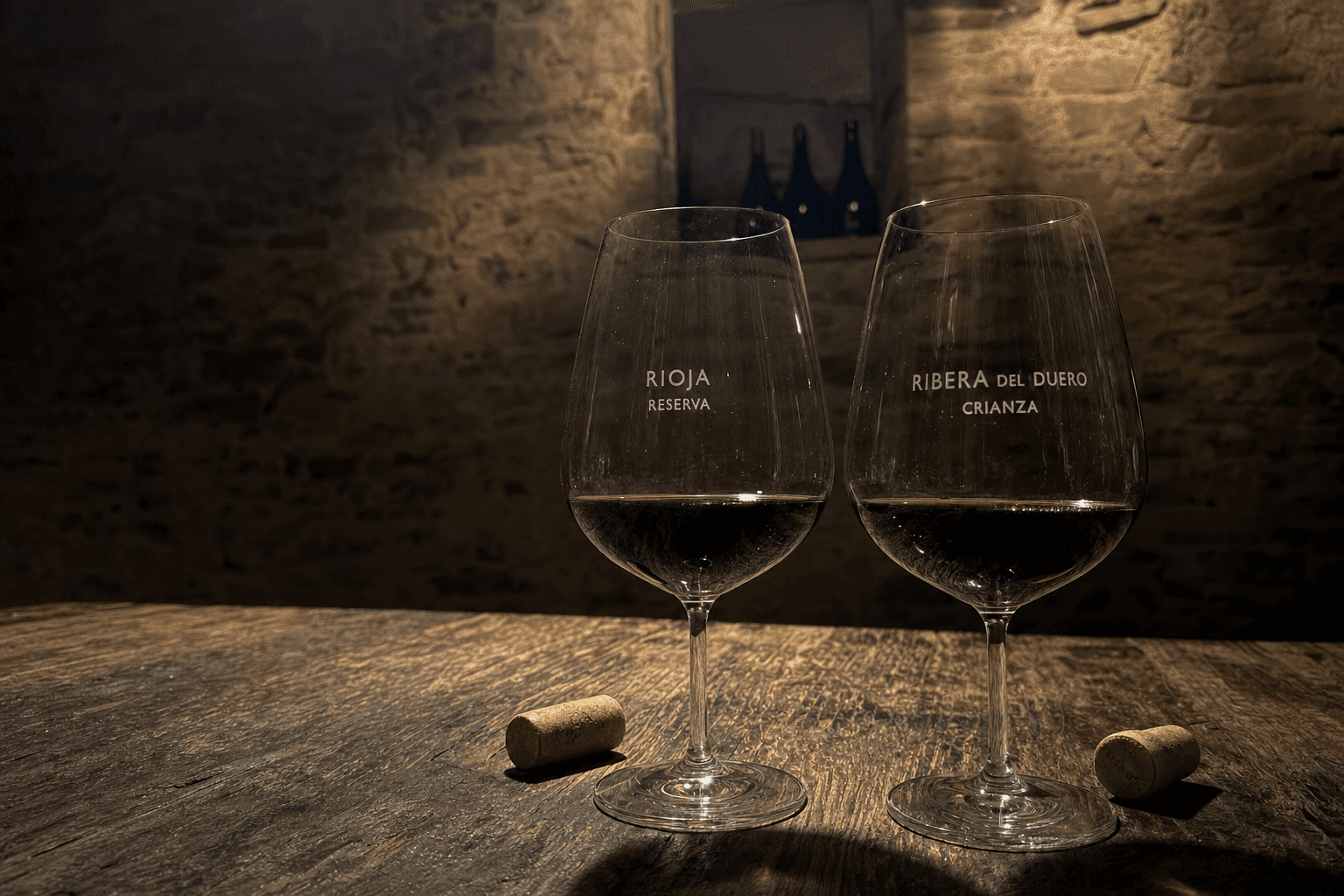 Dos copas de vino tinto enfrentadas — una de Rioja, otra de Ribera del Duero — sobre mesa de roble